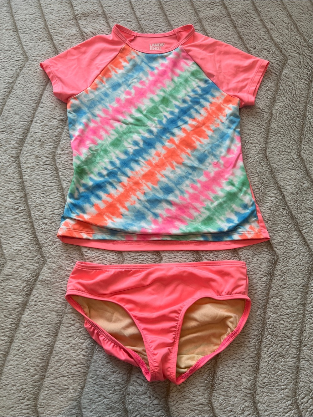 Lands' End Girls' Neon Pink Tie-Dye Short Sleeve Rashguard Set
